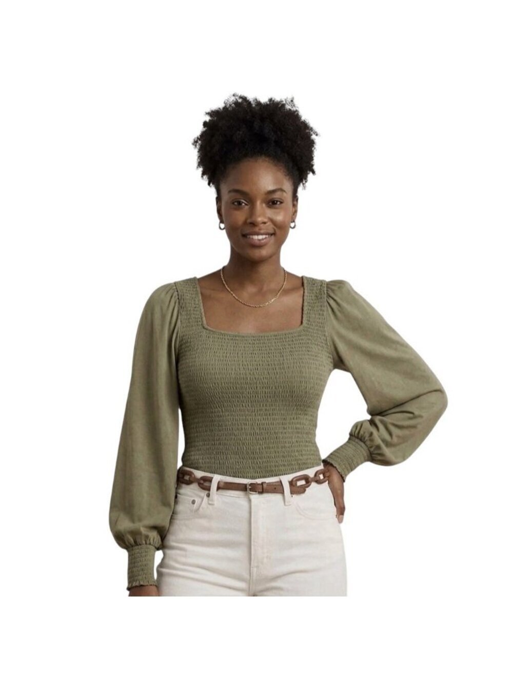 Lauren Ralph Lauren Womens Olive Green Smocked Jersey Blouson Sleeve Top XL
